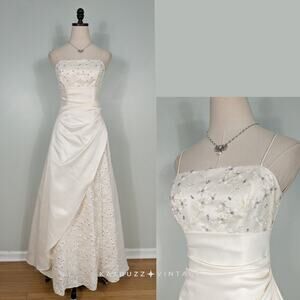 Vintage Prom Dress Maxi Gown 4 Cream 90S Y2K Fairy Princess Floral Bead Lace